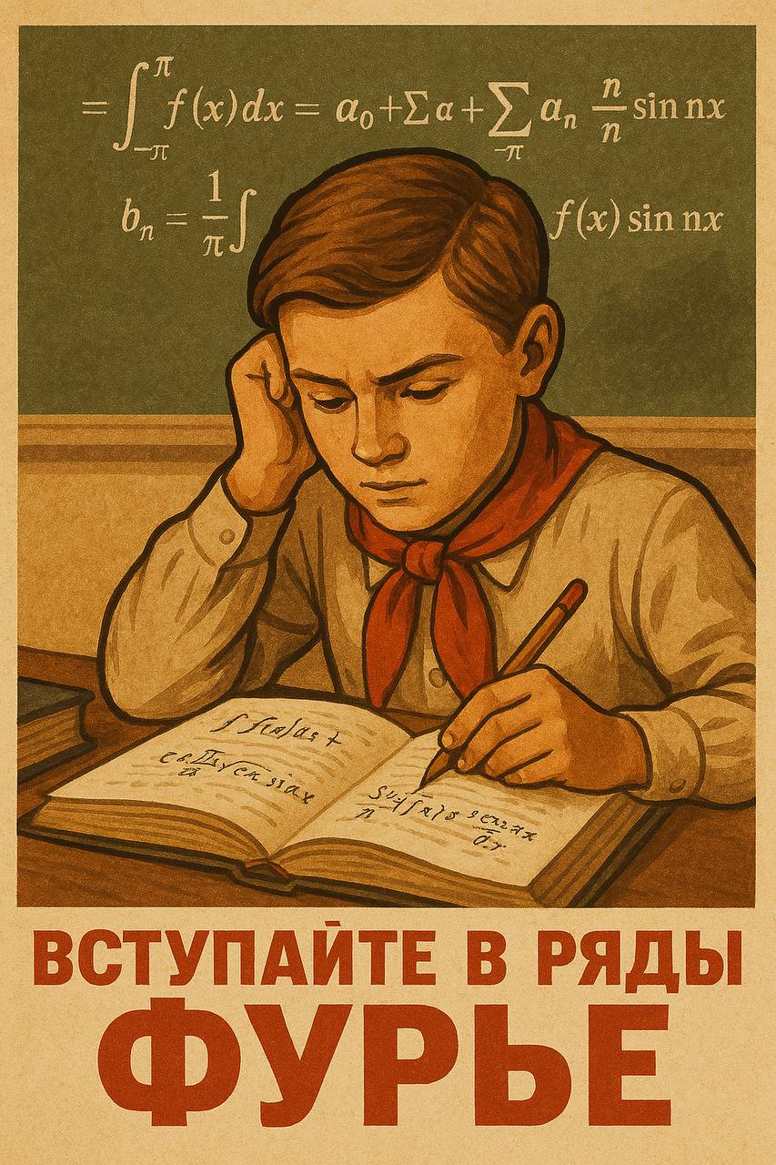 Вступайте в ряды Фурье Мем с изображением школьника-пионера, который прилежно записывает математические формулы, а внизу надпись: «Вступайте в ряды Фурье».