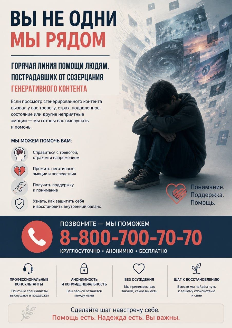 Пародийный плакат с горячей линией помощи людям, пострадавшим от созерцания генеративного контента