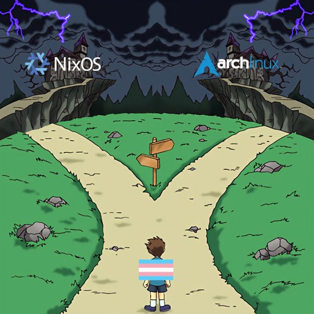 Человек стоит на развилке перед выбором между NixOS и Arch Linux на мрачном фоне с грозой