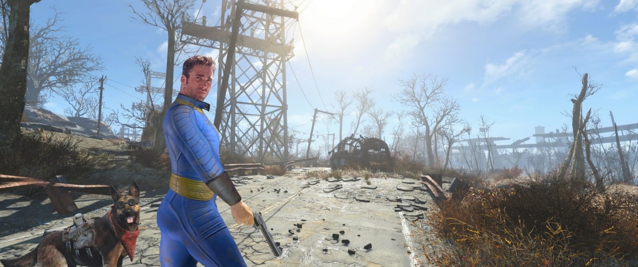 Выживший из Fallout 4 и Псина Выживший из "Fallout 4" и Псина на разрушенной дороге
