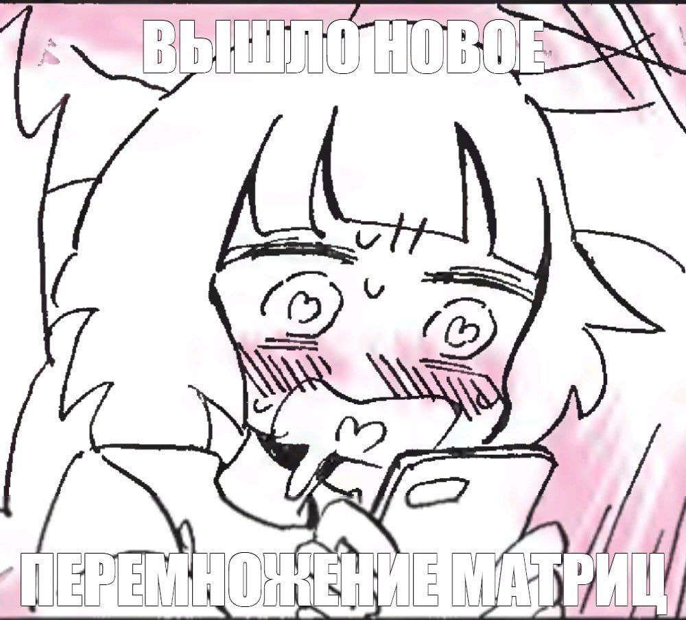 Вышло новое перемножение матриц Девушка-кошка смущенно смотрит в телефон, надпись на меме: «Вышло новое перемножение матриц».