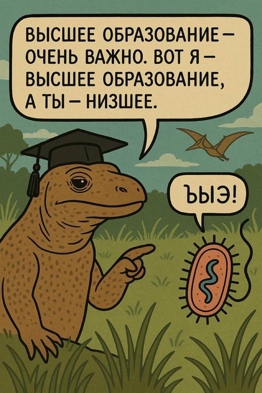 Высшее образование Мем про ящерицу в шапочке магистра, которая говорит бактерии, что она - высшее образование, а бактерия - низшее.
