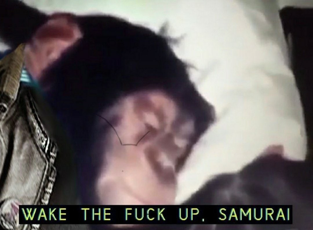 Wake the fuck up, samurai Размытое лицо спящего человека и надпись "Wake the fuck up, samurai"