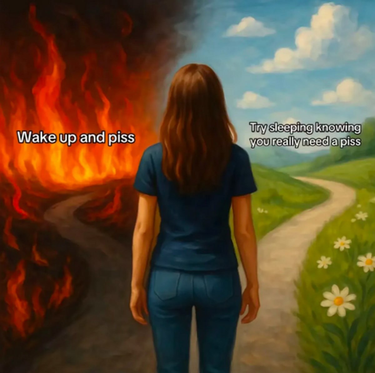 Wake up and piss vs try sleeping knowing you really need a piss Выбери свой путь: проснуться и пописать, или попытаться уснуть, зная, что очень хочешь пописать