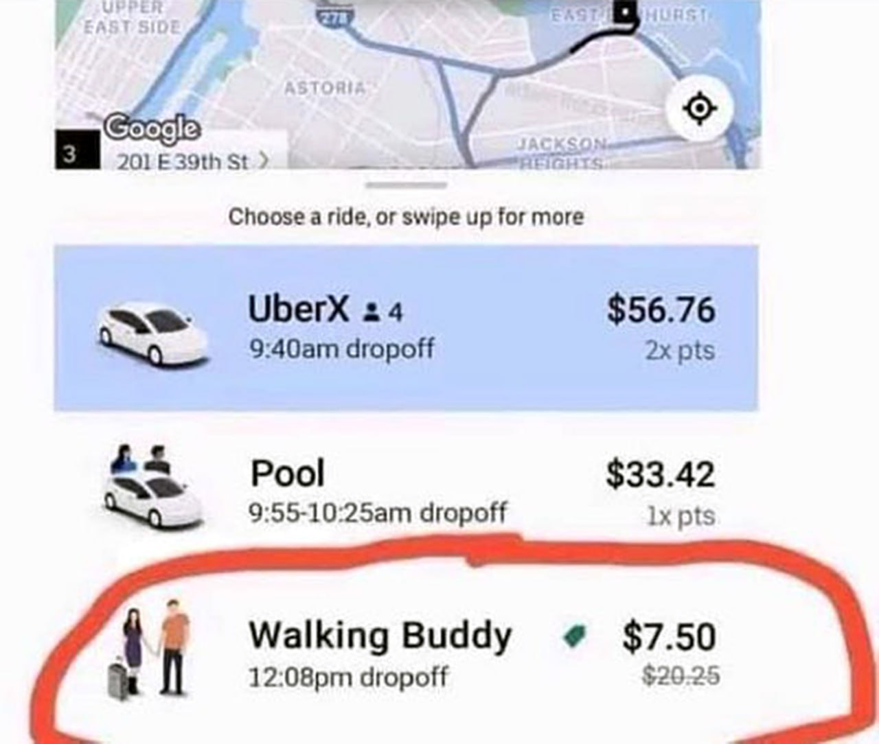 Walking Buddy в Uber Мем о необычном варианте поездки Walking Buddy в приложении Uber