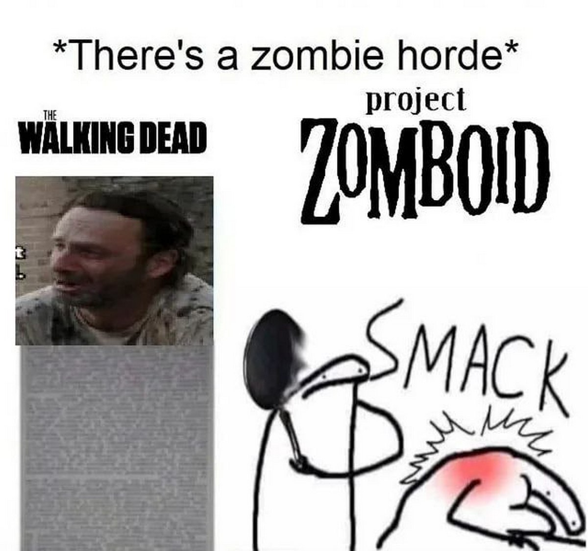Ходячие мертвецы и Project Zomboid Мем сравнивает реакцию на орду зомби в сериале «Ходячие мертвецы» и в игре Project Zomboid.