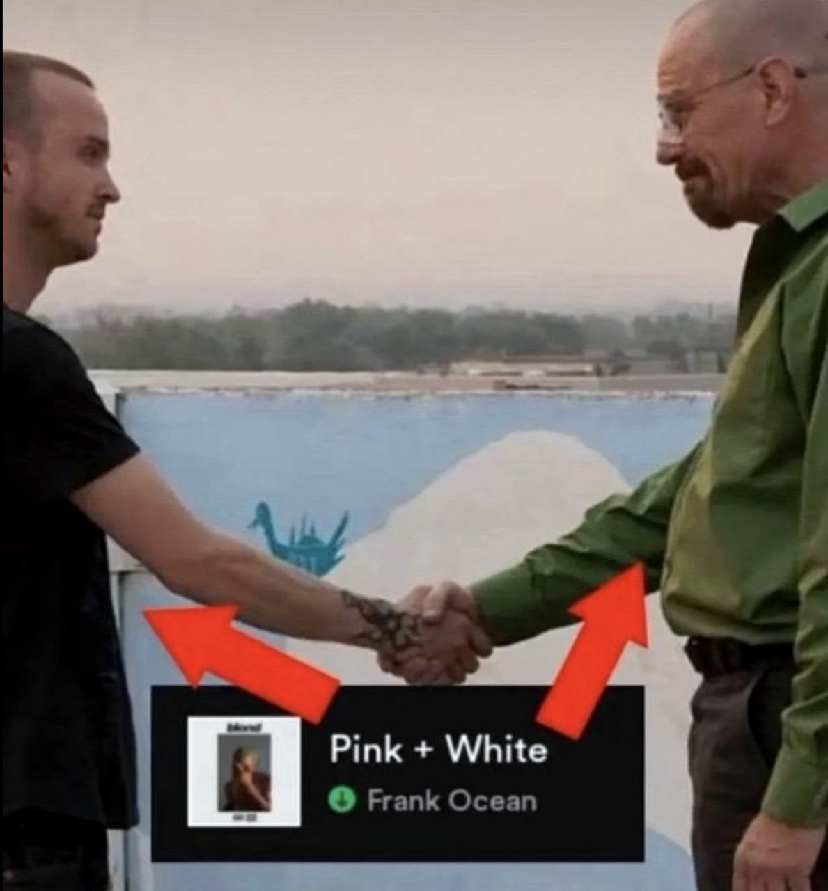 Уолтер Уайт и Джесси Пинкман пожимают руки Pink + White Уолтер Уайт и Джесси Пинкман из сериала «Во все тяжкие» пожимают руки, а на переднем плане видна песня Pink + White Фрэнка Оушена
