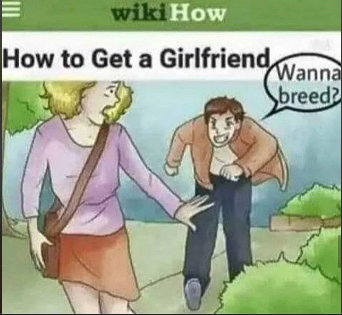 Хочешь размножаться WikiHow Мем "Как завести девушку" от WikiHow, где парень спрашивает: "Хочешь размножаться?" шокированную девушку.