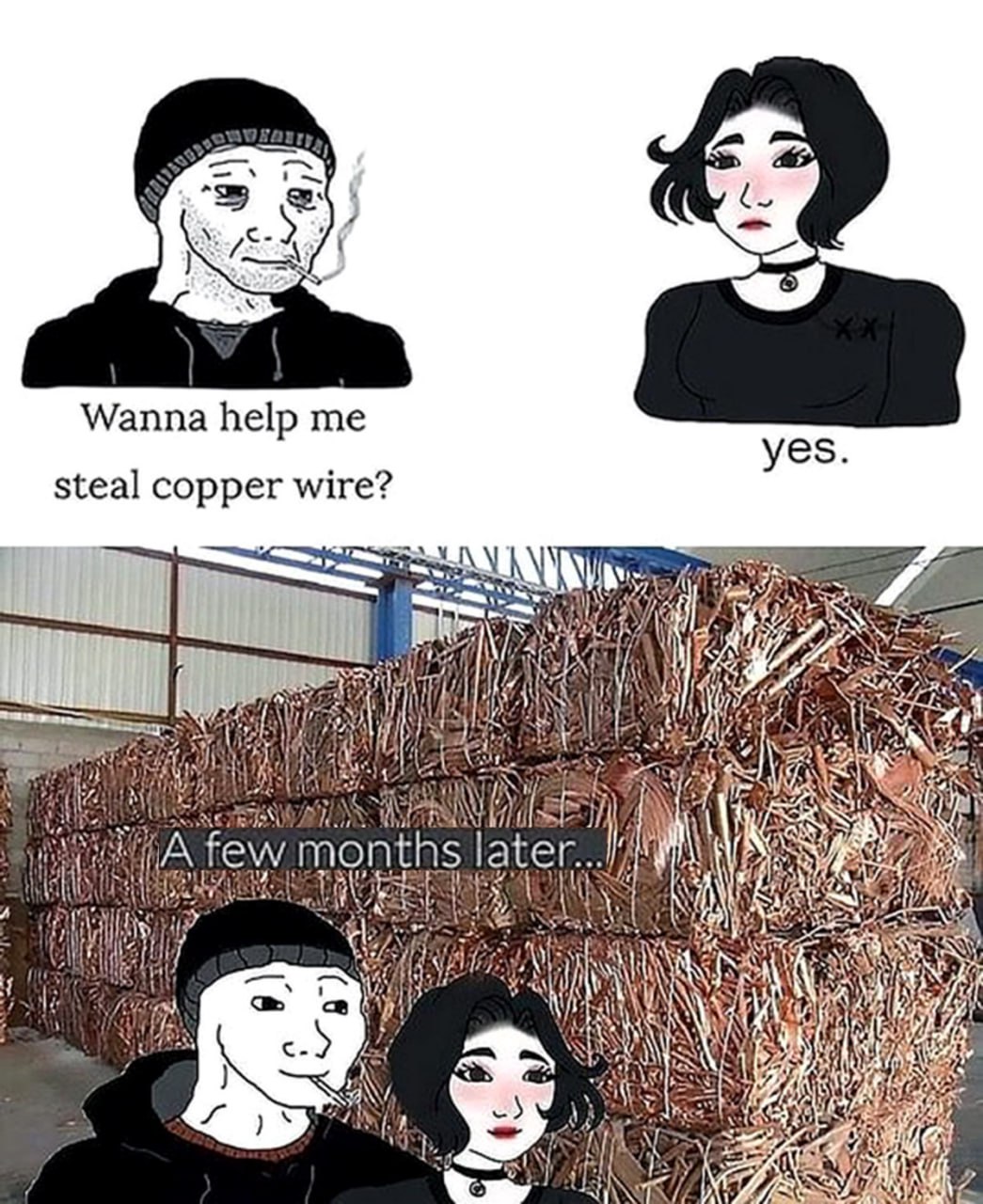 Wanna help me steal copper wire Мем про кражу медного провода и несколько месяцев спустя