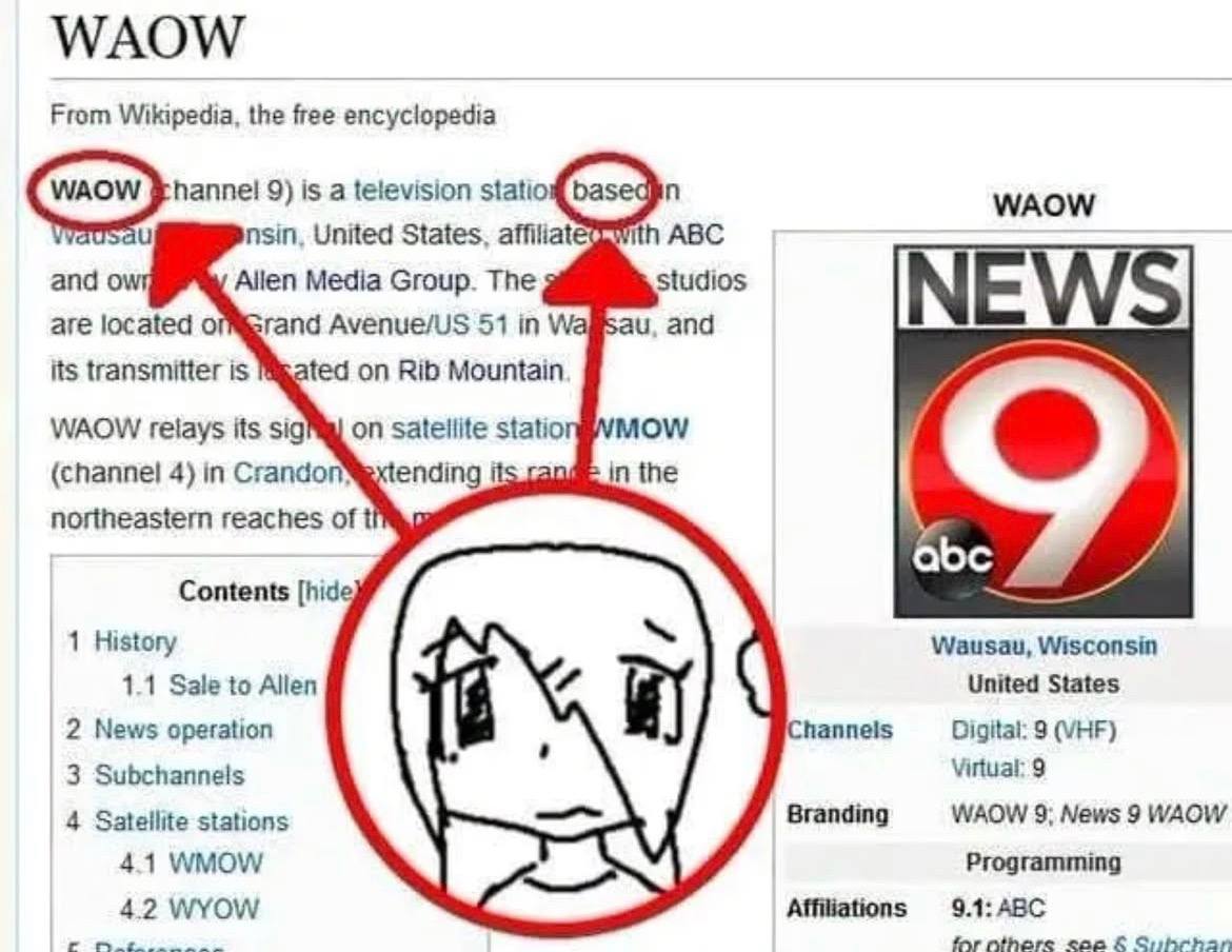 Скриншот страницы Википедии про телеканал WAOW с красными обводками, стрелками и грустным аниме-лицом внизу.