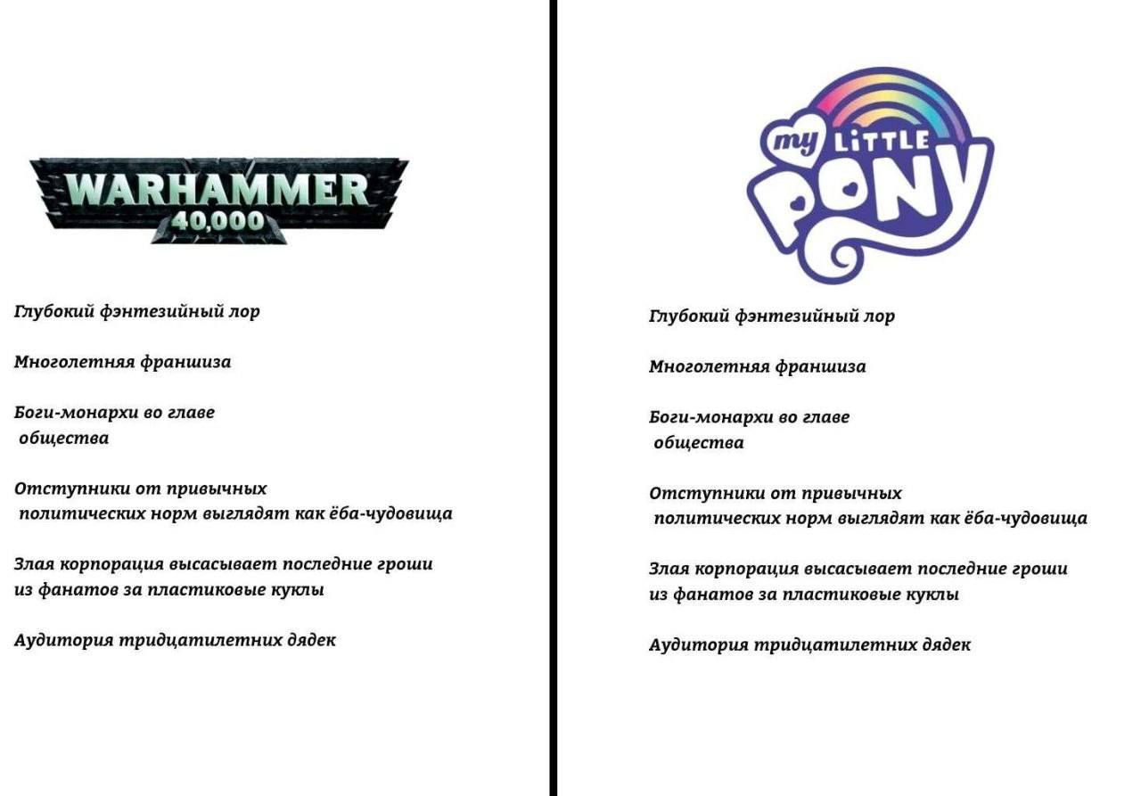 Warhammer 40,000 и My Little Pony: сравнение Мем, сравнивающий вселенную Warhammer 40,000 и My Little Pony, выделяя их неожиданные сходства
