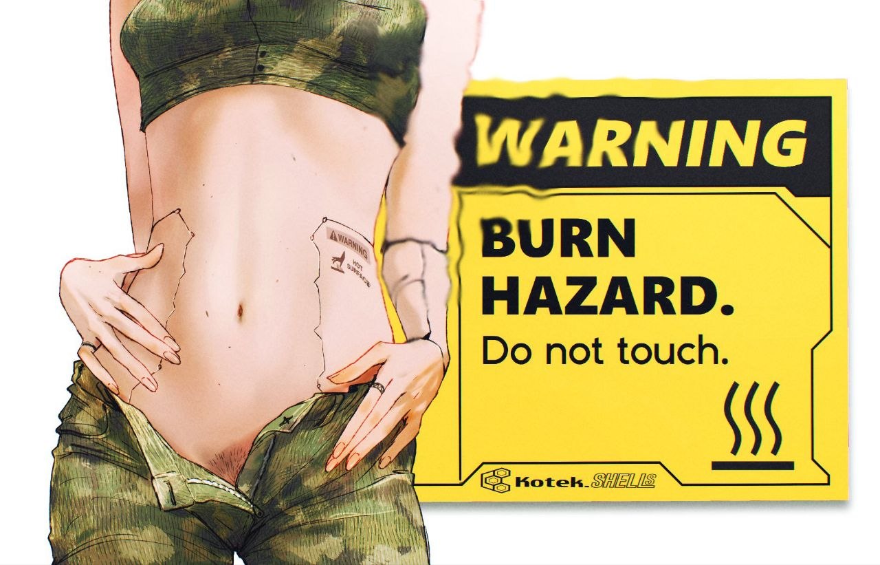 Человек показывает живот рядом с предупреждающим знаком «WARNING — BURN HAZARD. Do not touch» — «Внимание, опасность ожога. Не прикасаться».