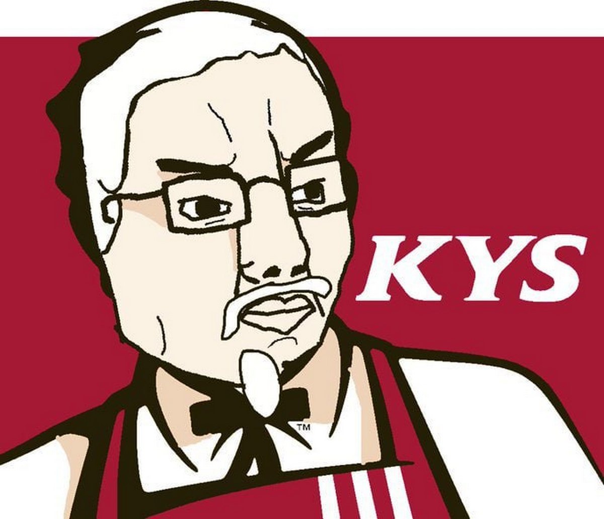 Уоррен Баффетт KYS Мем с Уорреном Баффеттом, стилизованным под полковника Сандерса из KFC, с надписью KYS.