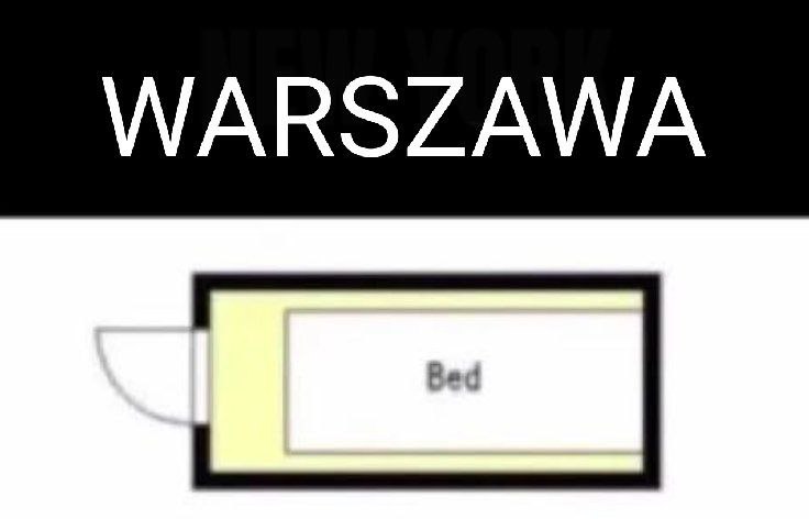 Схематичная комната с кроватью и подписью «WARSZAWA» сверху