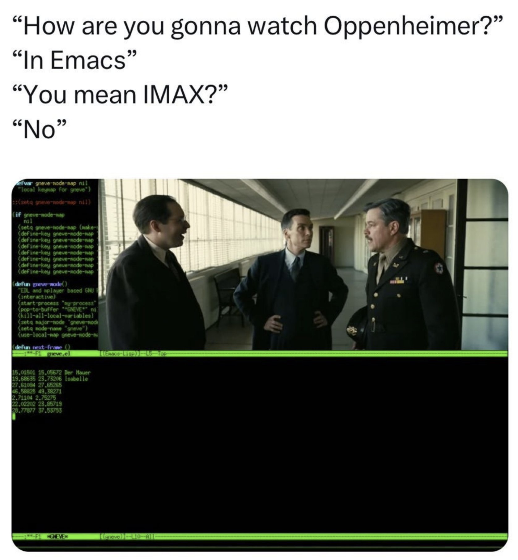 Шутка о просмотре фильма «Оппенгеймер» внутри Emacs вместо кинотеатра IMAX.