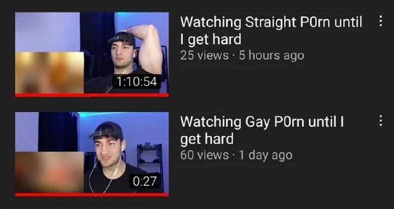 Watching straight P0rn until I get hard vs Watching gay P0rn until I get hard Мем с YouTube-скриншотом, где парень смотрит порно разных ориентаций и время, за которое он возбуждается