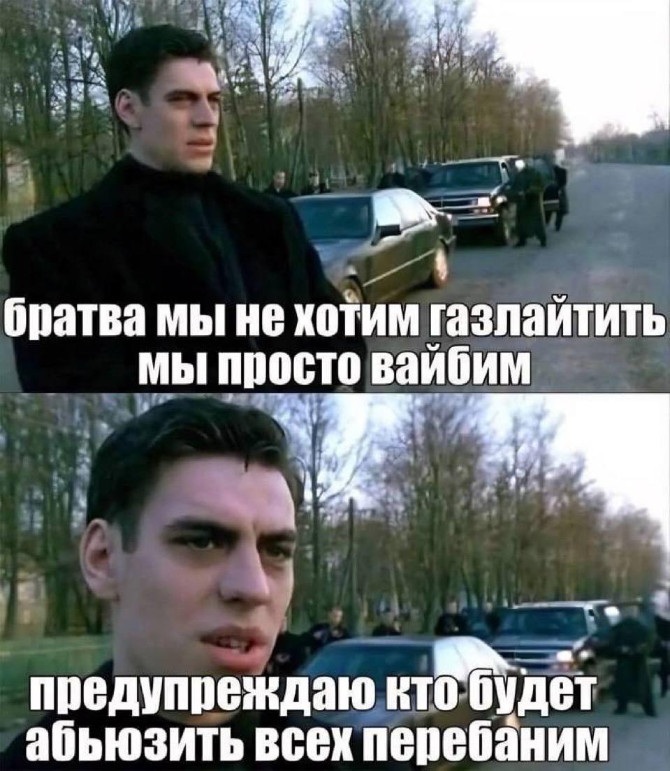 Мы не хотим газлайтить, мы просто вайбим Мем с фразами «Мы не хотим газлайтить, мы просто вайбим» и «Предупреждаю кто будет абьюзить, всех перебаним»