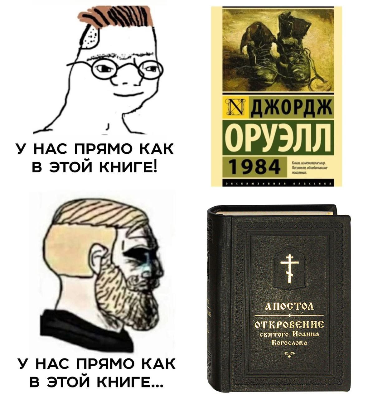 У нас прямо как в этой книге Мем про сравнение современности с книгой Джорджа Оруэлла «1984» и Апокалипсисом