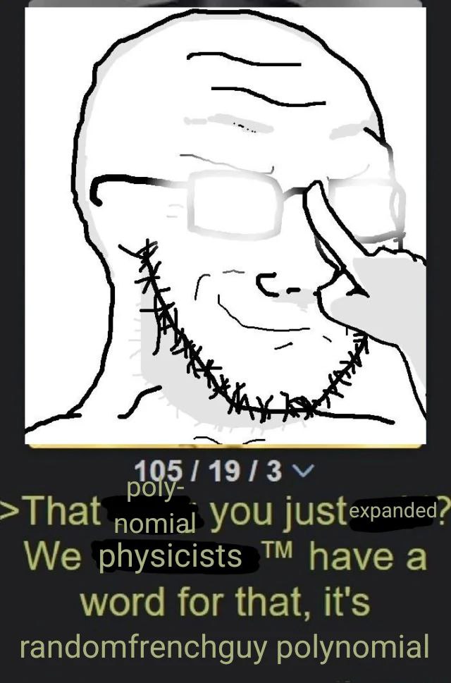 Мы физики называем это randomfrenchguy polynomial Мем с вояком в очках, который говорит про "randomfrenchguy polynomial", полином случайного француза