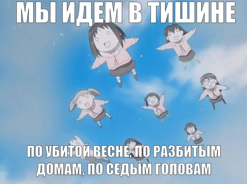 Мы идем в тишине Аниме-девочки летят в небе с надписью «Мы идем в тишине по убитой весне, по разбитым домам, по седым головам»