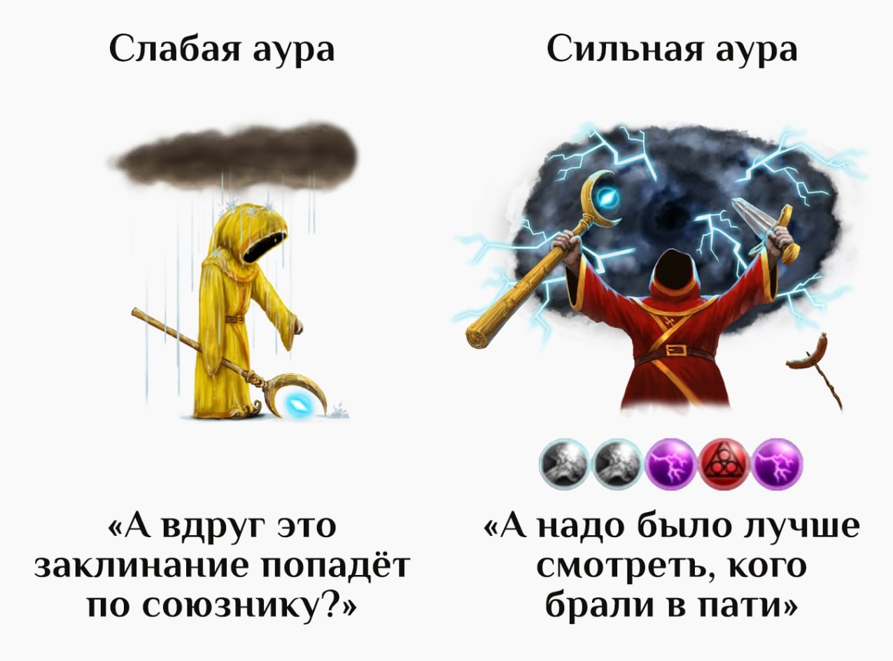 Слабая и сильная аура Мем с двумя волшебниками, где у одного "слабая аура" и он боится навредить союзнику, а у другого "сильная аура" и он не переживает о попадании заклинания по своим