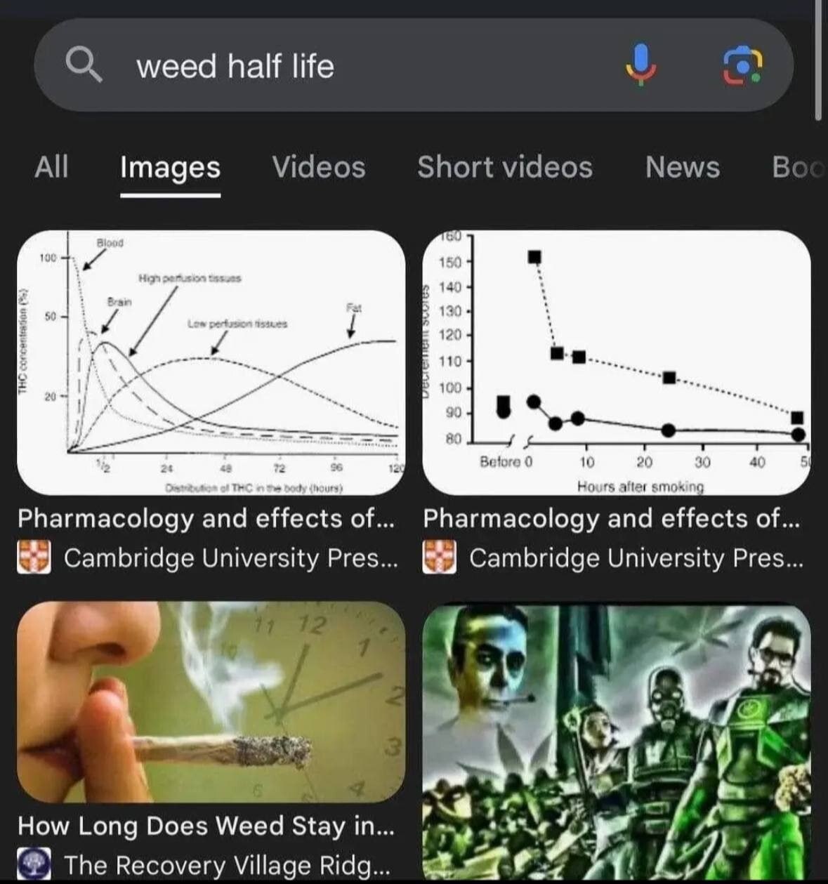 Результаты поиска Google по запросу «weed half life»: графики выведения ТГК, статья о каннабисе и персонажи из Half-Life.