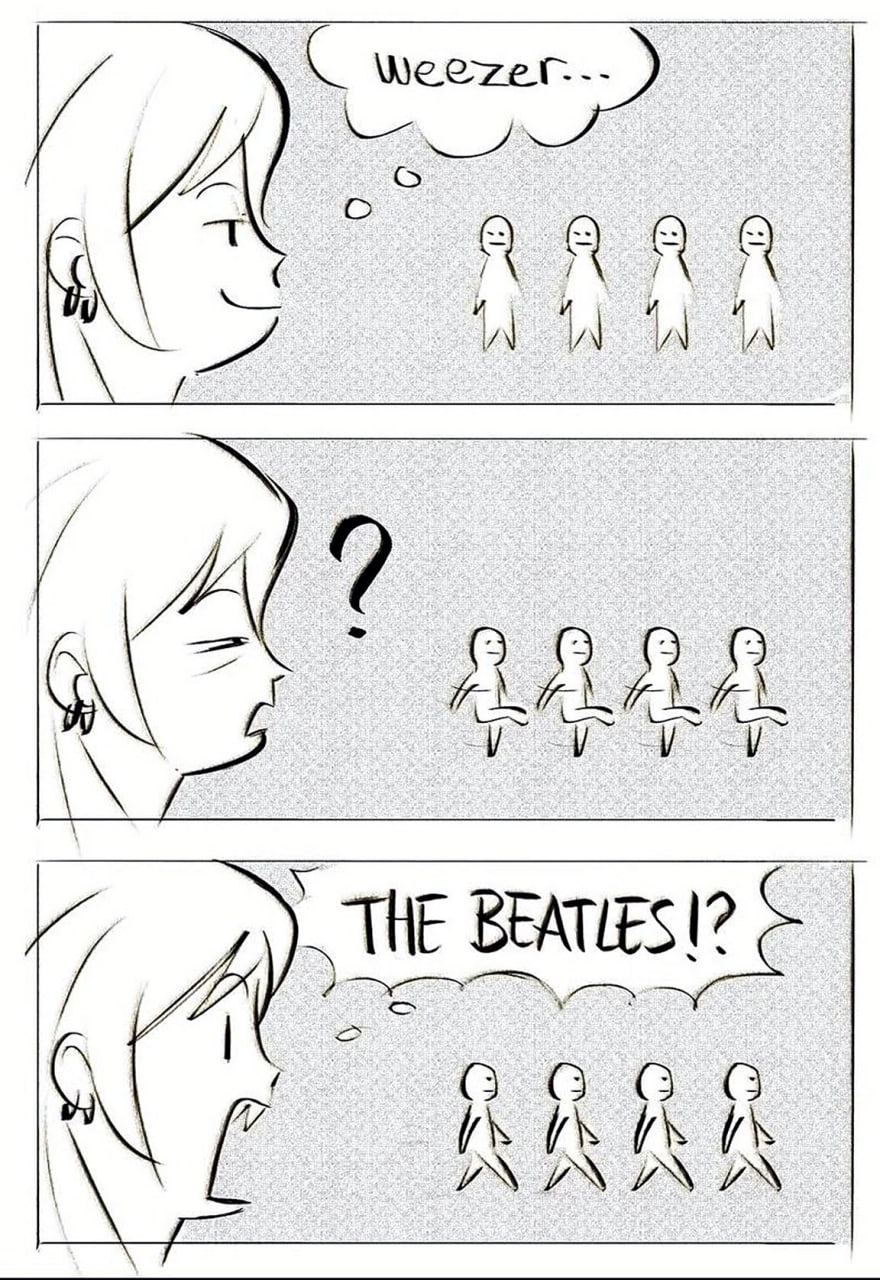 Weezer The Beatles Девушка думает, что это Weezer, потом сомневается, а затем понимает, что это The Beatles