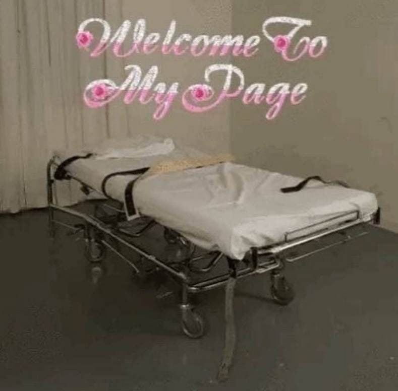 Welcome to my page каталка Мем с надписью "Welcome to my page" над медицинской каталкой