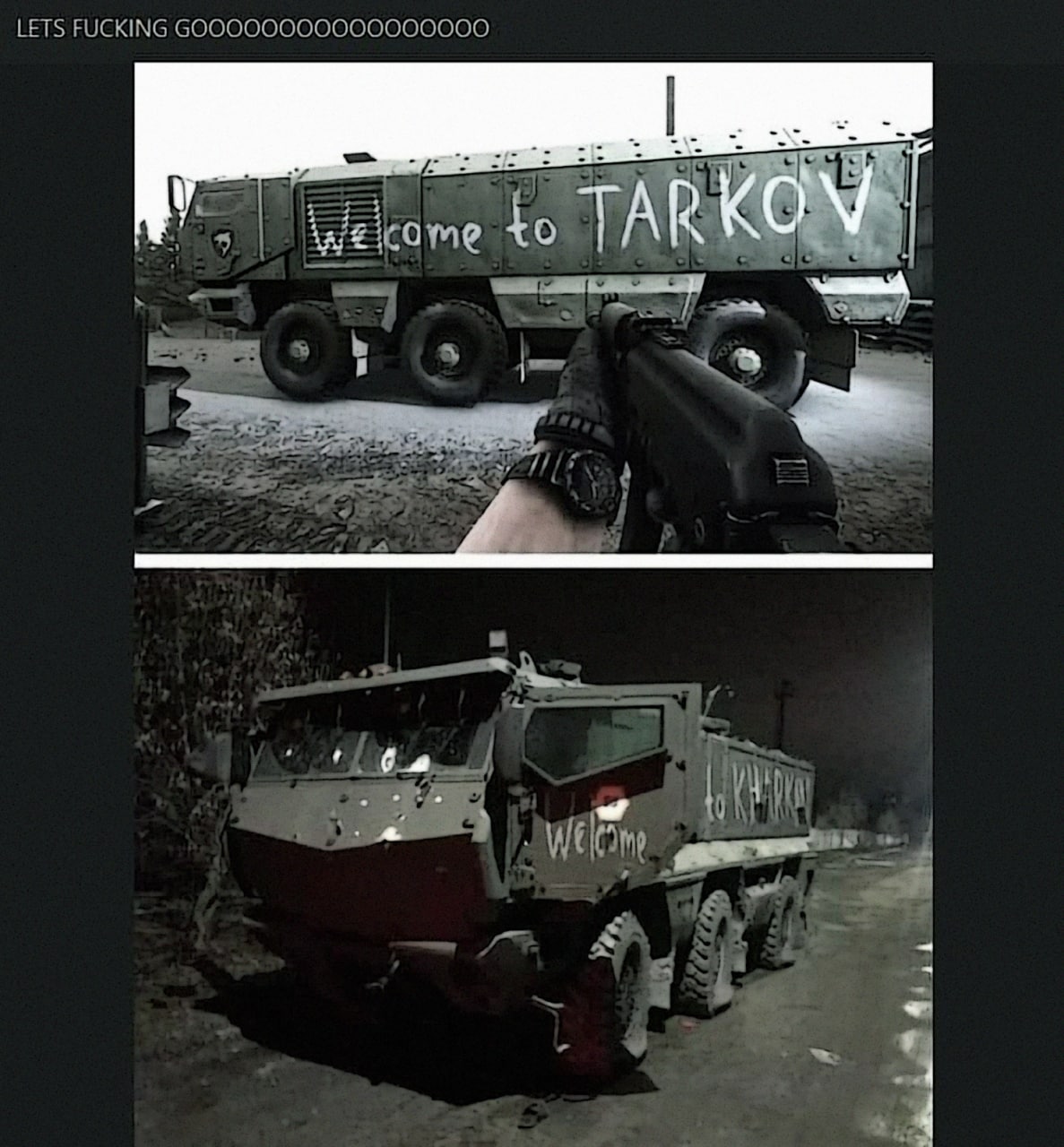 Welcome to Tarkov vs Welcome to Kharkov Сравнение надписей Welcome to Tarkov и Welcome to Kharkov на военных грузовиках.