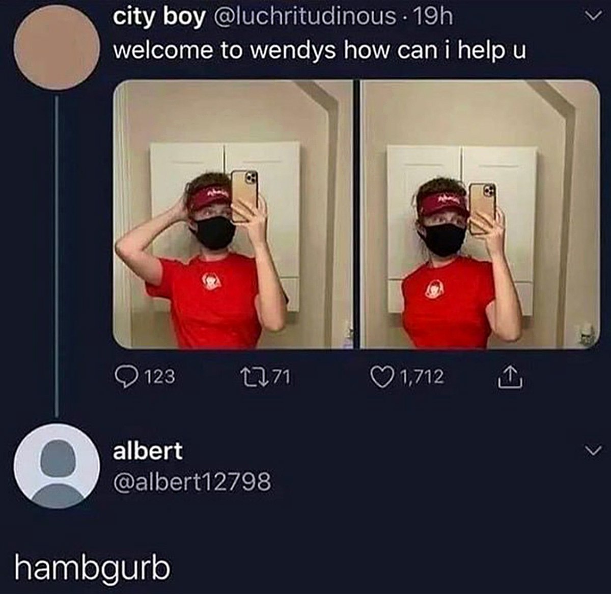 Welcome to Wendys how can i help u hambgurb Человек в форме Вендис с маской на лице, стоящий перед зеркалом, и странный ответ на его приветствие