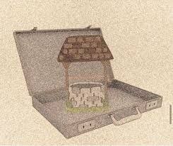 Колодец в чемодане Изображение колодца с крышей, стоящего внутри открытого чемодана.