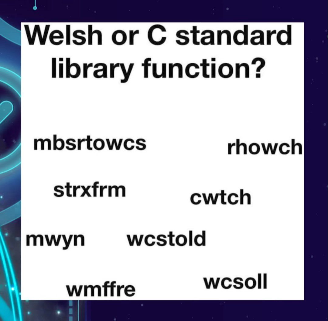 Welsh or C standard library function? Мем с вопросом "Валлийский или стандартная библиотечная функция C?" и примерами сложных слов.