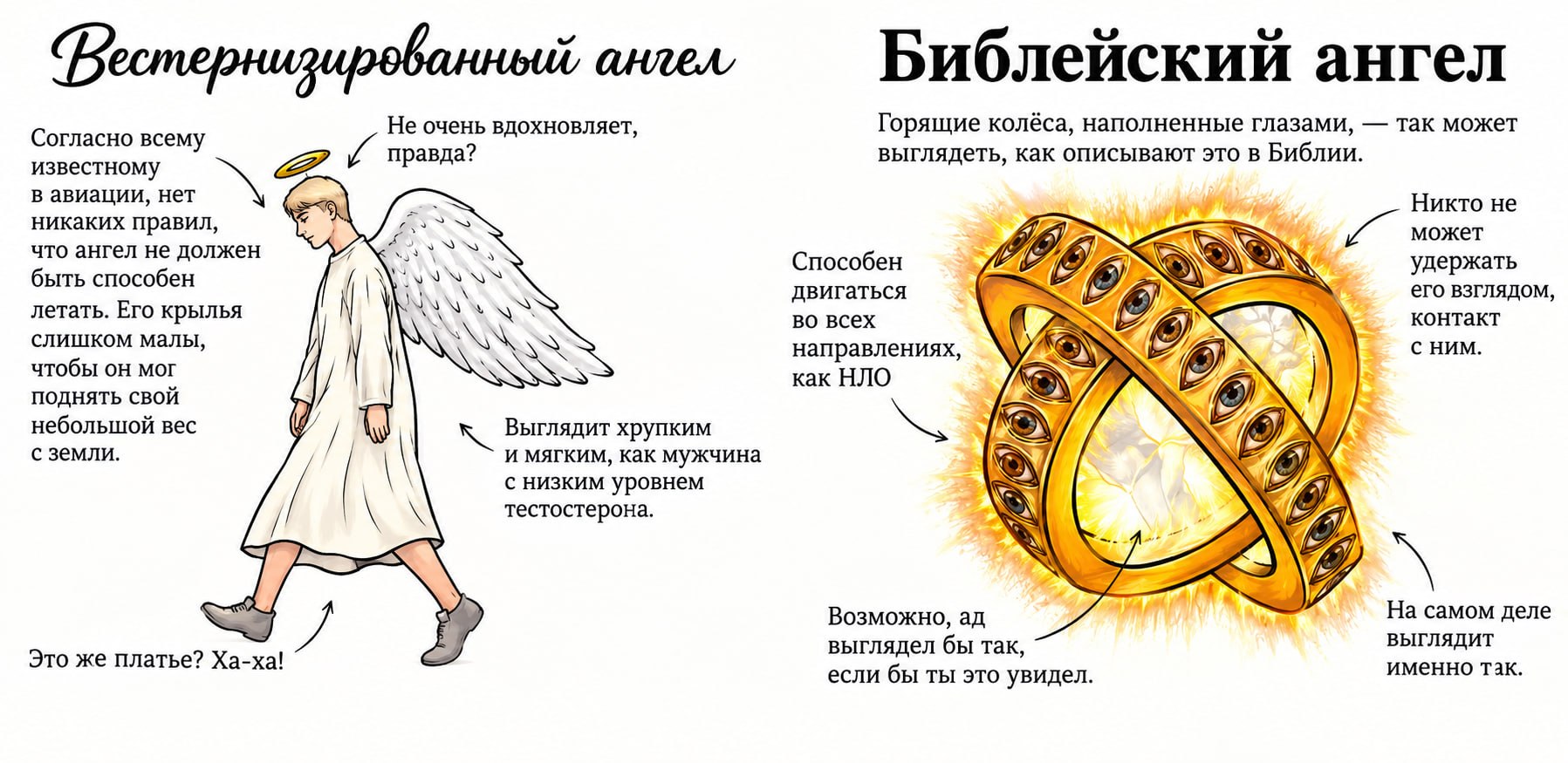 Сравнение милого вестернизированного ангела с пугающим библейским ангелом в виде огненных колёс, наполненных глазами.