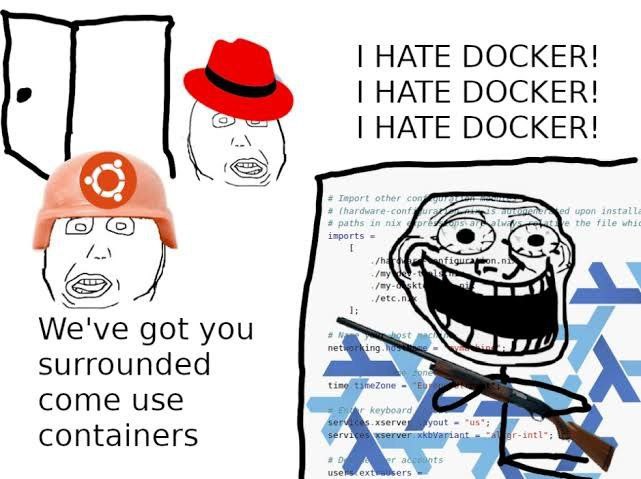 Мем о разработчике, который ненавидит Docker, в то время как его "окружают" с предложением использовать контейнеры