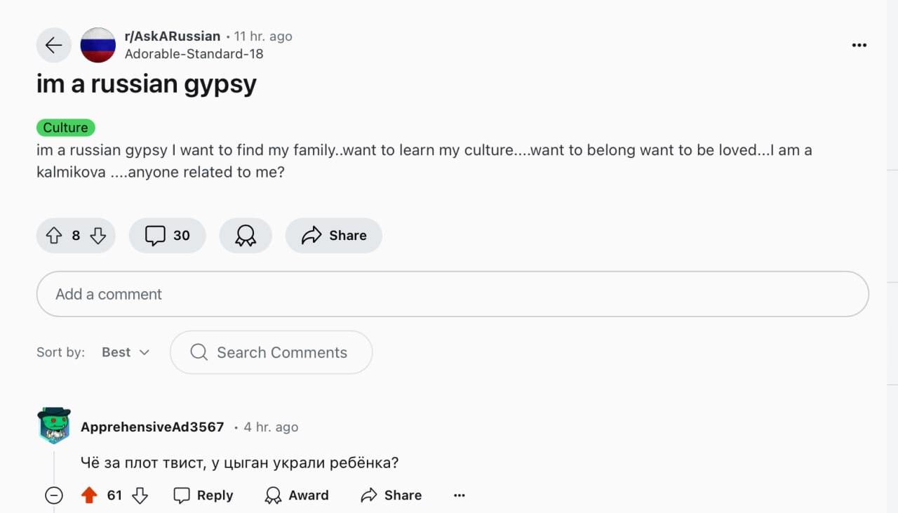 Чё за плот твист, у цыган украли ребёнка? Комментарий на Reddit о "сюжетном повороте" про украденного цыганами ребенка в ответ на пост о русской цыганке, ищущей семью.