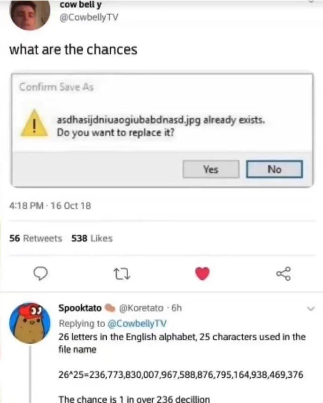 What are the chances файл уже существует Мем с твитом пользователя CowbellyTV «What are the chances», где ему предлагают заменить файл с случайным именем из 25 букв. Внизу другой пользователь Spooktato подсчитывает вероятность такого совпадения, указывая, что она составляет 1 к более чем 236 дециллионам.