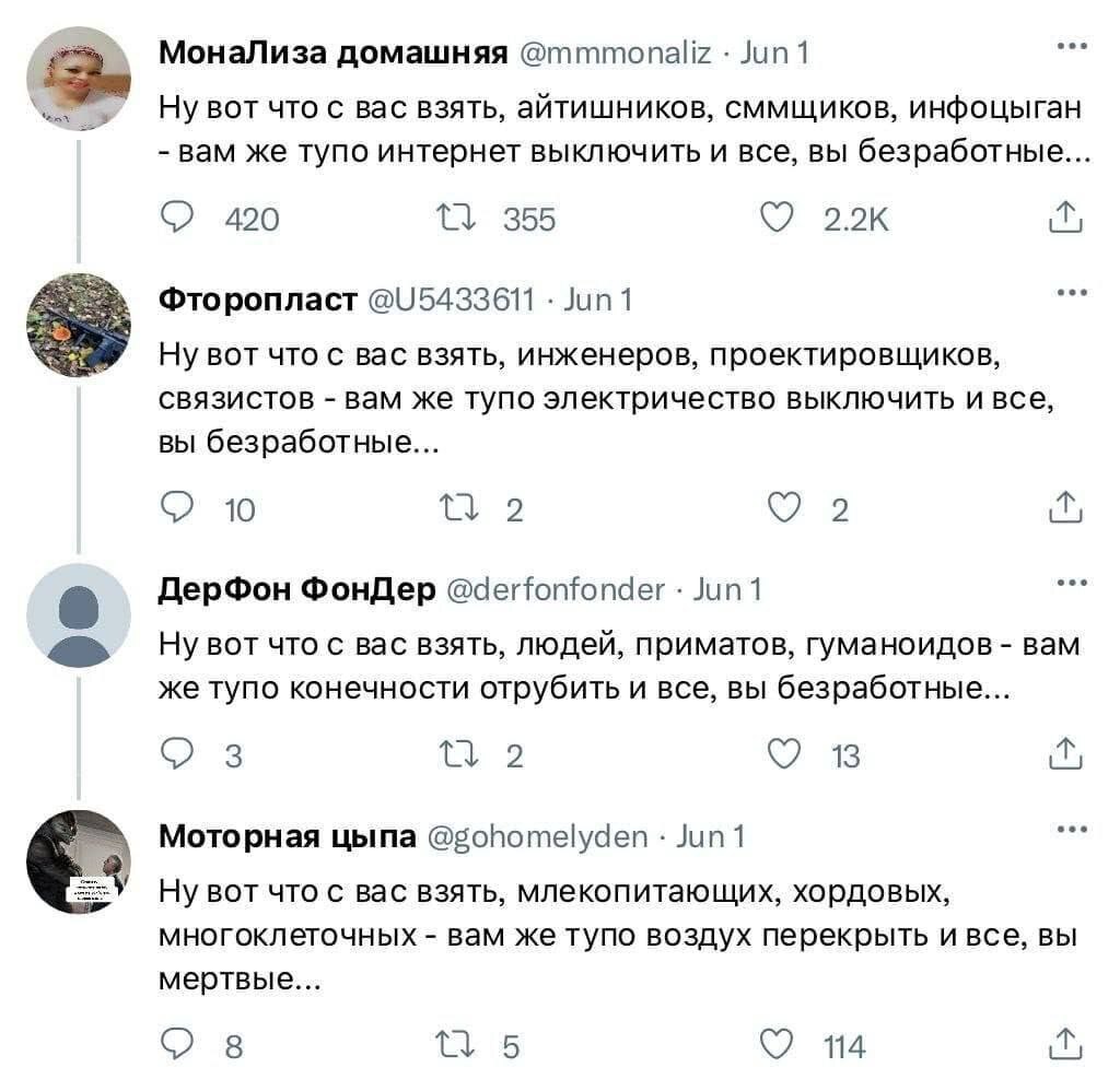 Ну вот что с вас взять Переписка в Твиттере об обесценивании профессий, доходящая до абсурда.
