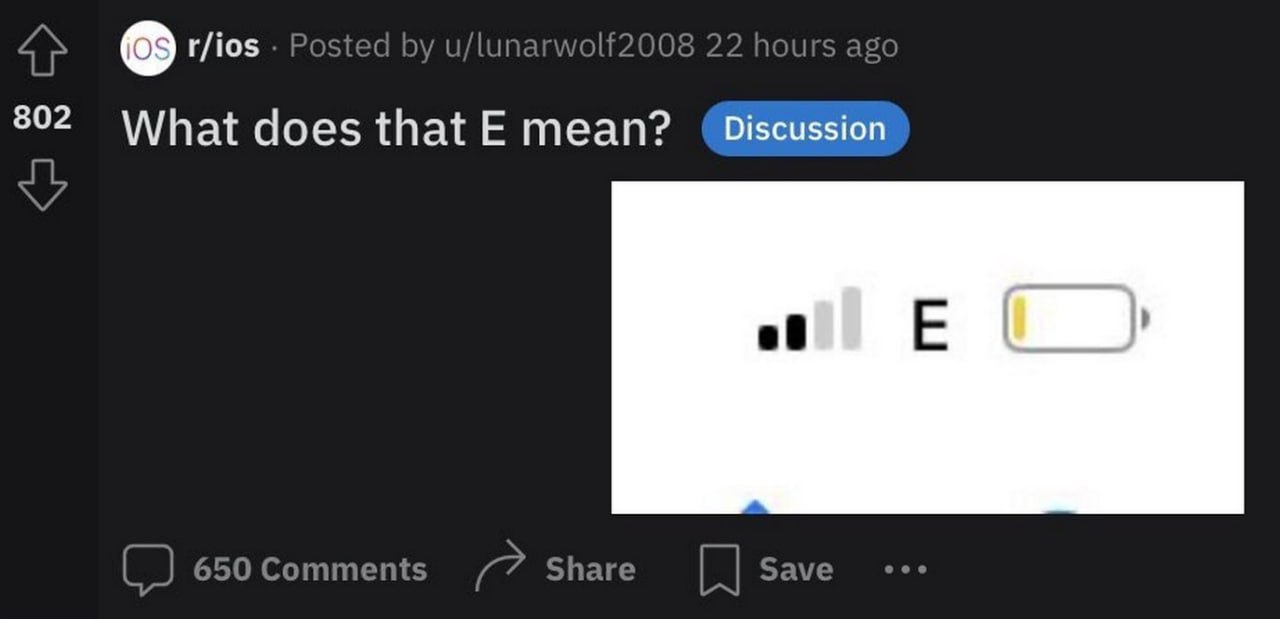 Что означает E в статусной строке телефона? Скриншот с Reddit, на котором пользователь спрашивает, что значит буква E в статусной строке телефона, когда виден индикатор низкого заряда батареи.