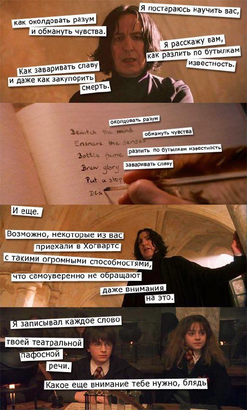 Мем про Снегга, который читает пафосную речь, а Гарри Поттер и Гермиона Грейнджер его не слушают.