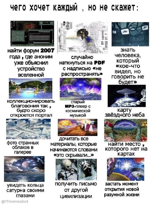 Коллаж о тайных желаниях каждого: от письма инопланетян и портала до карты звёздного неба и открытия новой разумной жизни.
