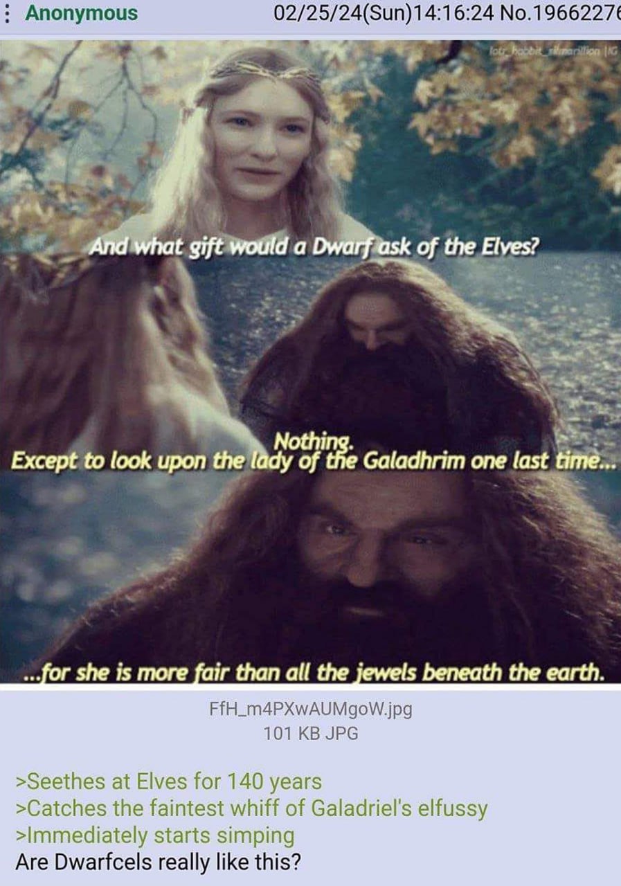 What gift would a Dwarf ask of the Elves Мем с фразой Гимли, в которой он проявляет уважение к леди Галадриэль, несмотря на давнюю вражду между гномами и эльфами. Гимли смотрит на Галадриэль, восхищаясь ее красотой.