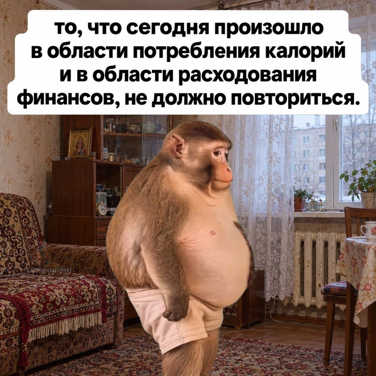 Сытая обезьяна задумалась о последствиях переедания и лишних трат после неудачного дня.