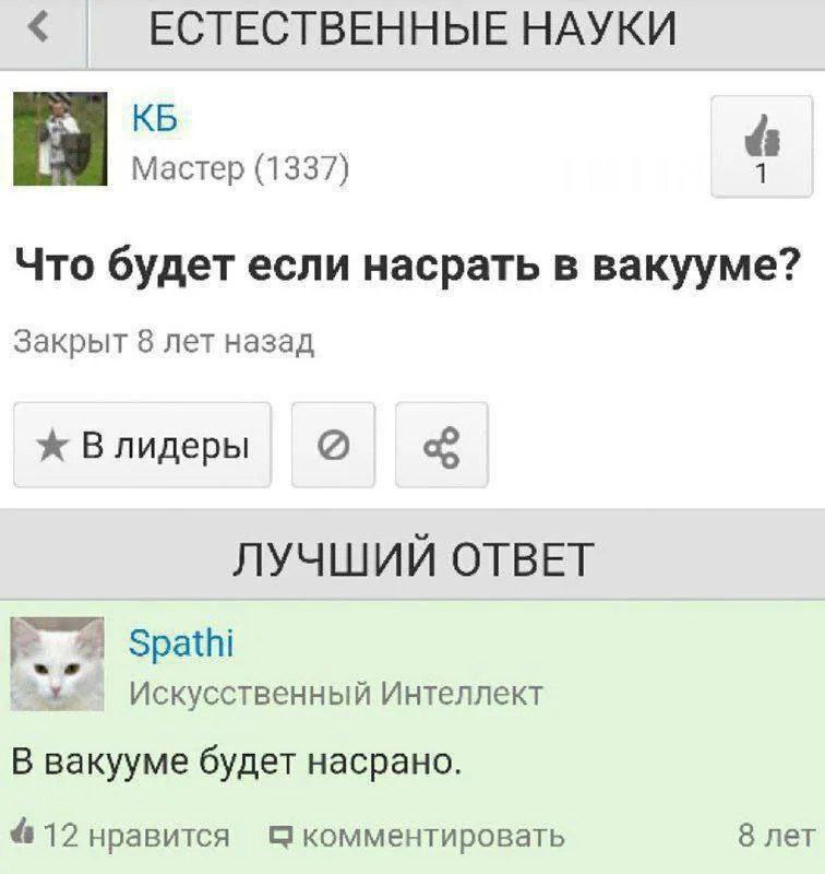 Что будет если насрать в вакууме Скриншот форума с вопросом "Что будет если насрать в вакууме?" и ответом "В вакууме будет насрано".