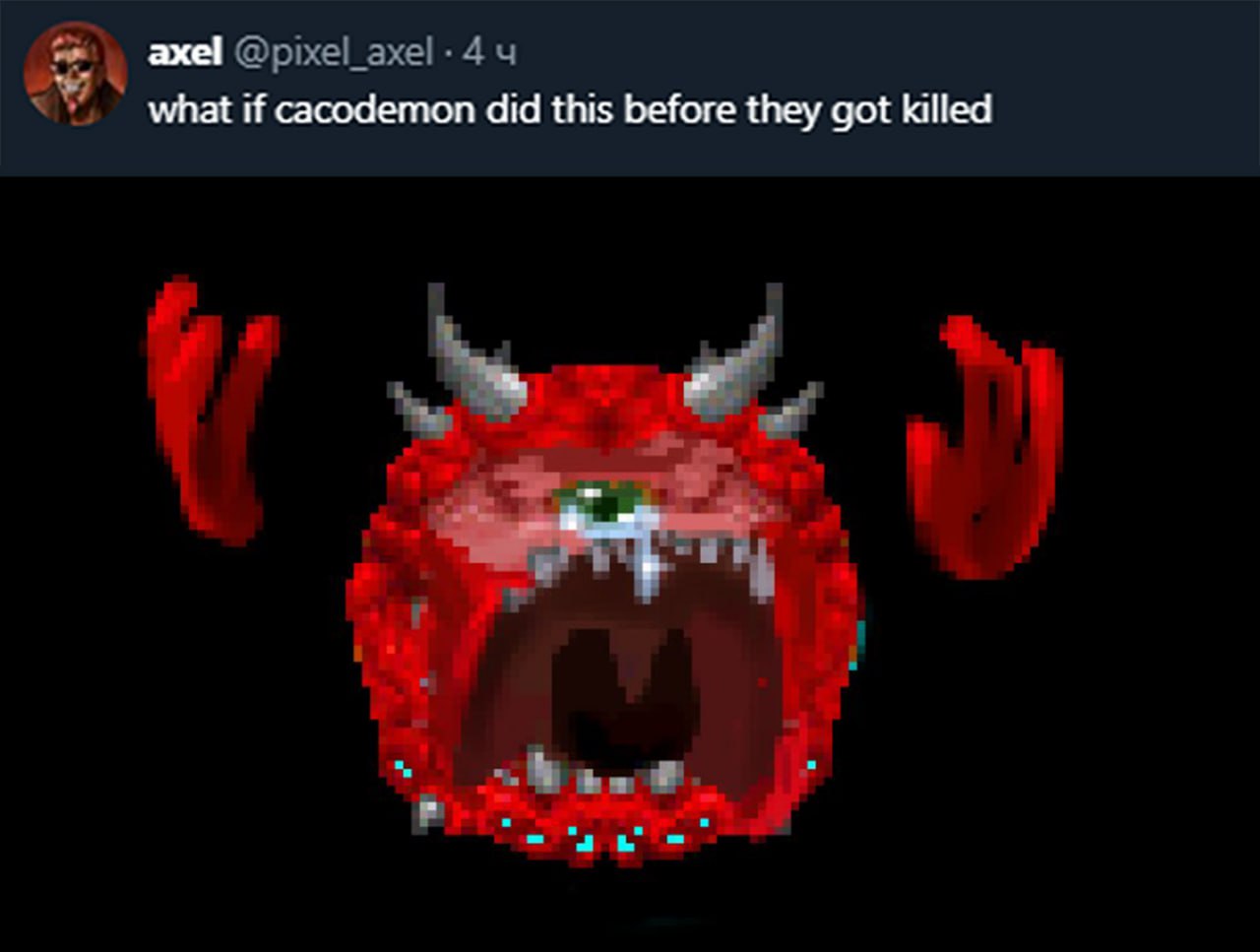 What if cacodemon did this before they got killed Какодемон с открытым ртом и поднятыми руками, который выглядит так, будто он что-то сделал перед смертью