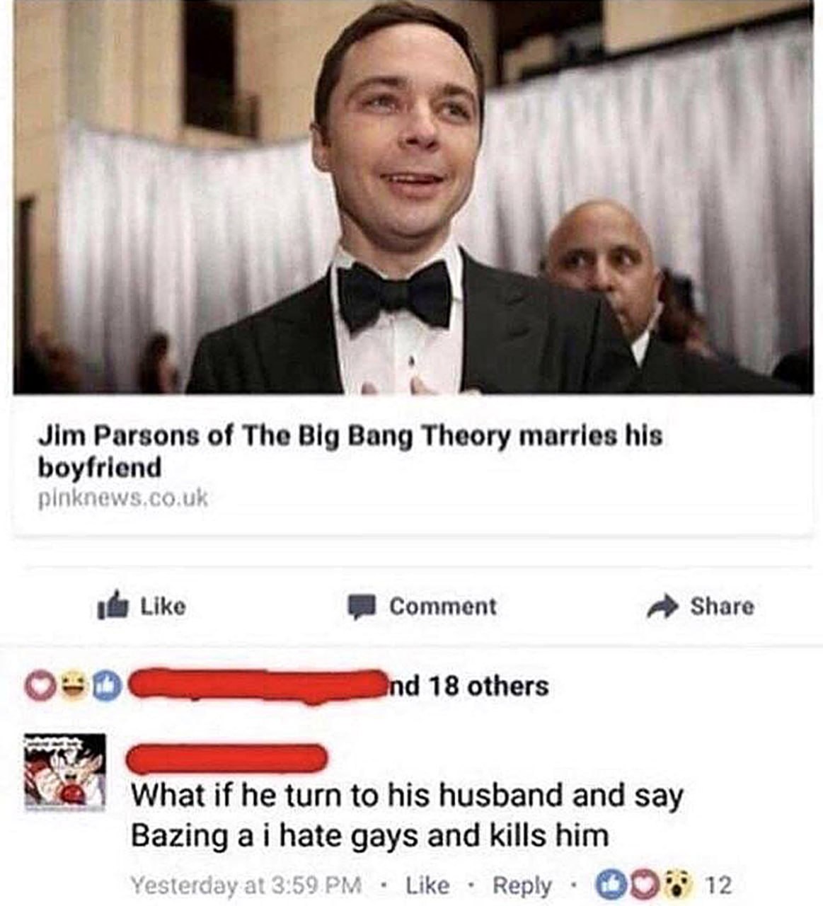 What if he turn to his husband and say Bazinga i hate gays and kills him Что, если он повернется к своему мужу и скажет: Базинга, я ненавижу геев и убьет его