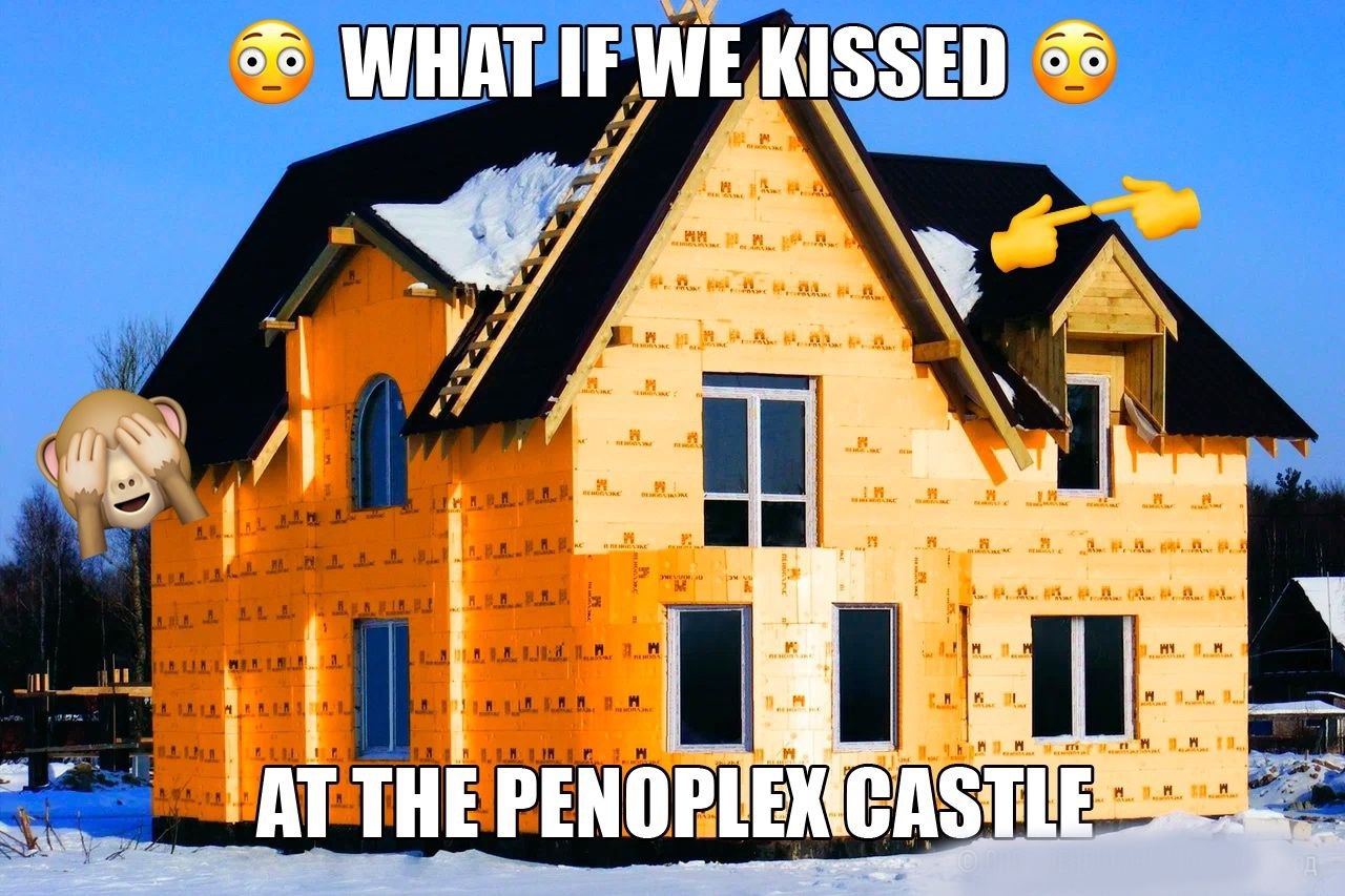 What if we kissed at the Penoplex castle Мем с фразой «What if we kissed at the Penoplex castle» на фоне недостроенного дома из пеноплекса