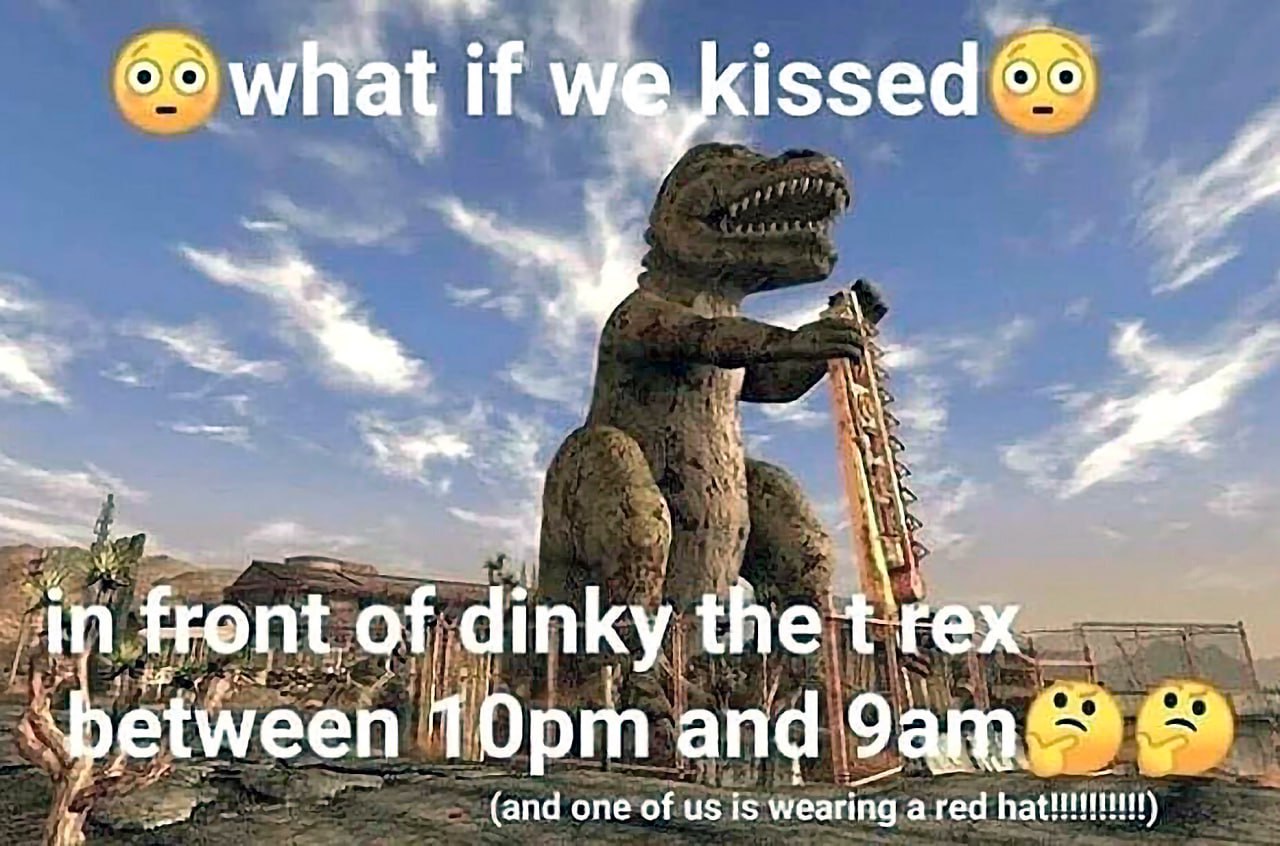 What if we kissed in front of Dinky the T-Rex Мем с надписью "What if we kissed in front of Dinky the T-Rex" на фоне каменного динозавра из игры Fallout.