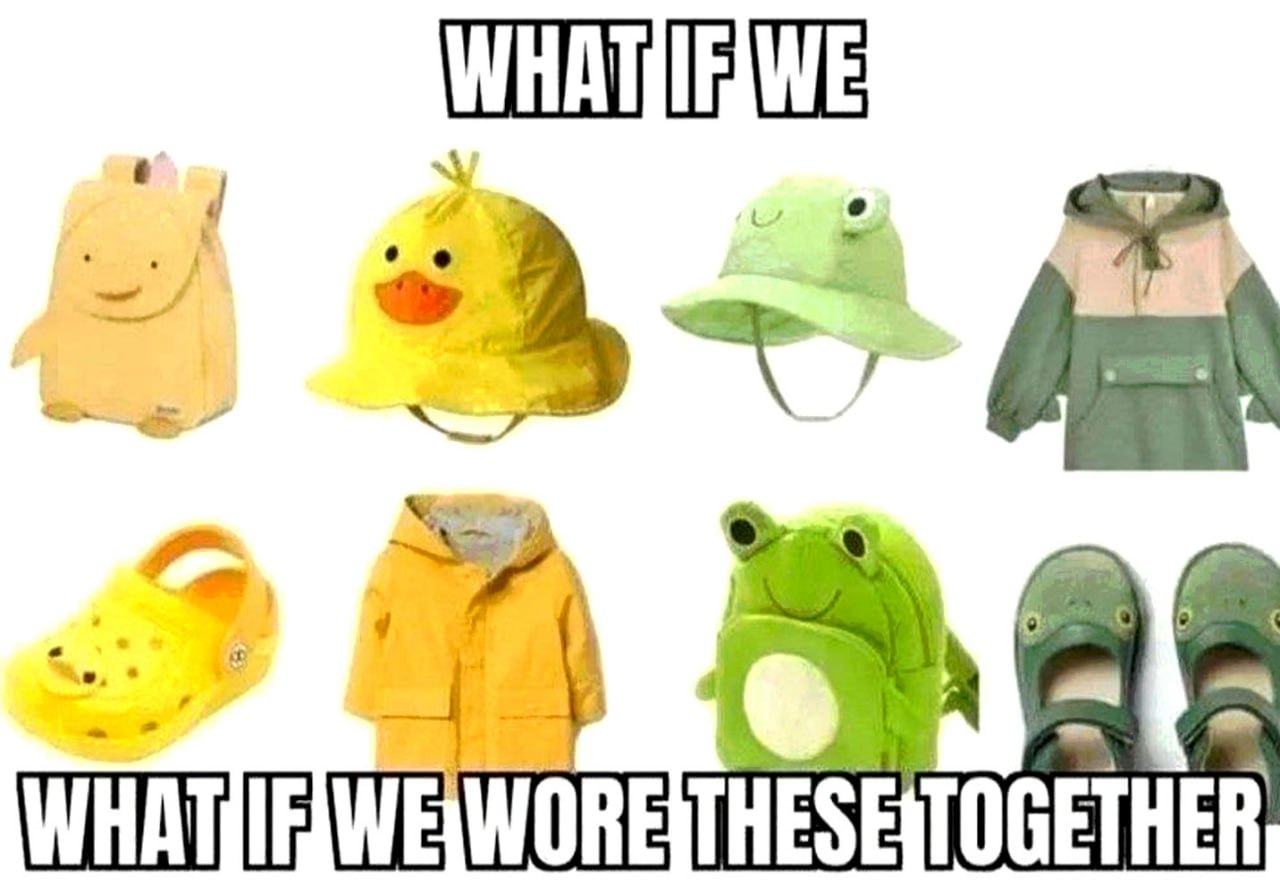 What if we wore these together Что, если мы наденем это все вместе: милая одежда в виде лягушек и уток