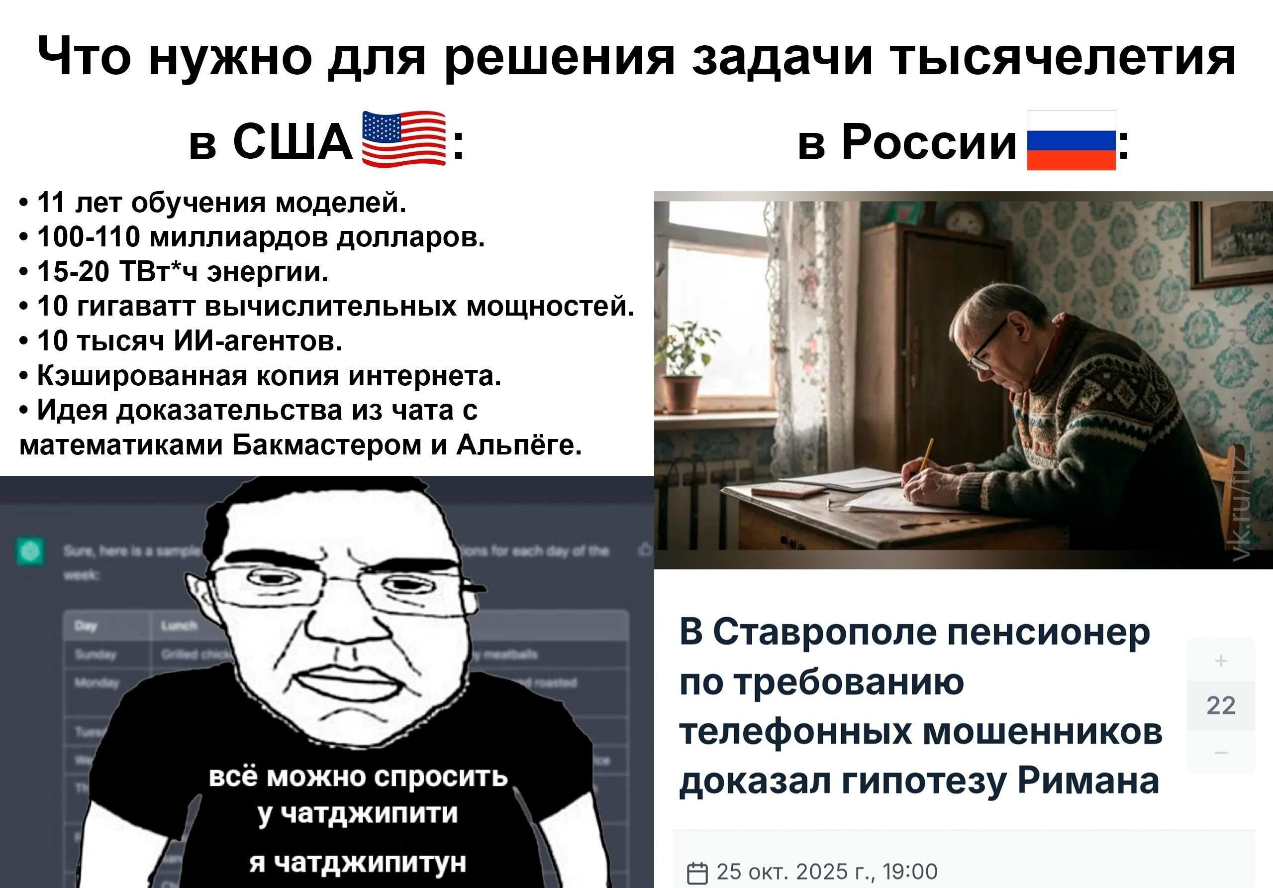 Смешной коллаж о том, как в США решают задачу тысячелетия с помощью ИИ и огромных ресурсов, а в России пенсионер по требованию телефонных мошенников доказывает гипотезу Римана.