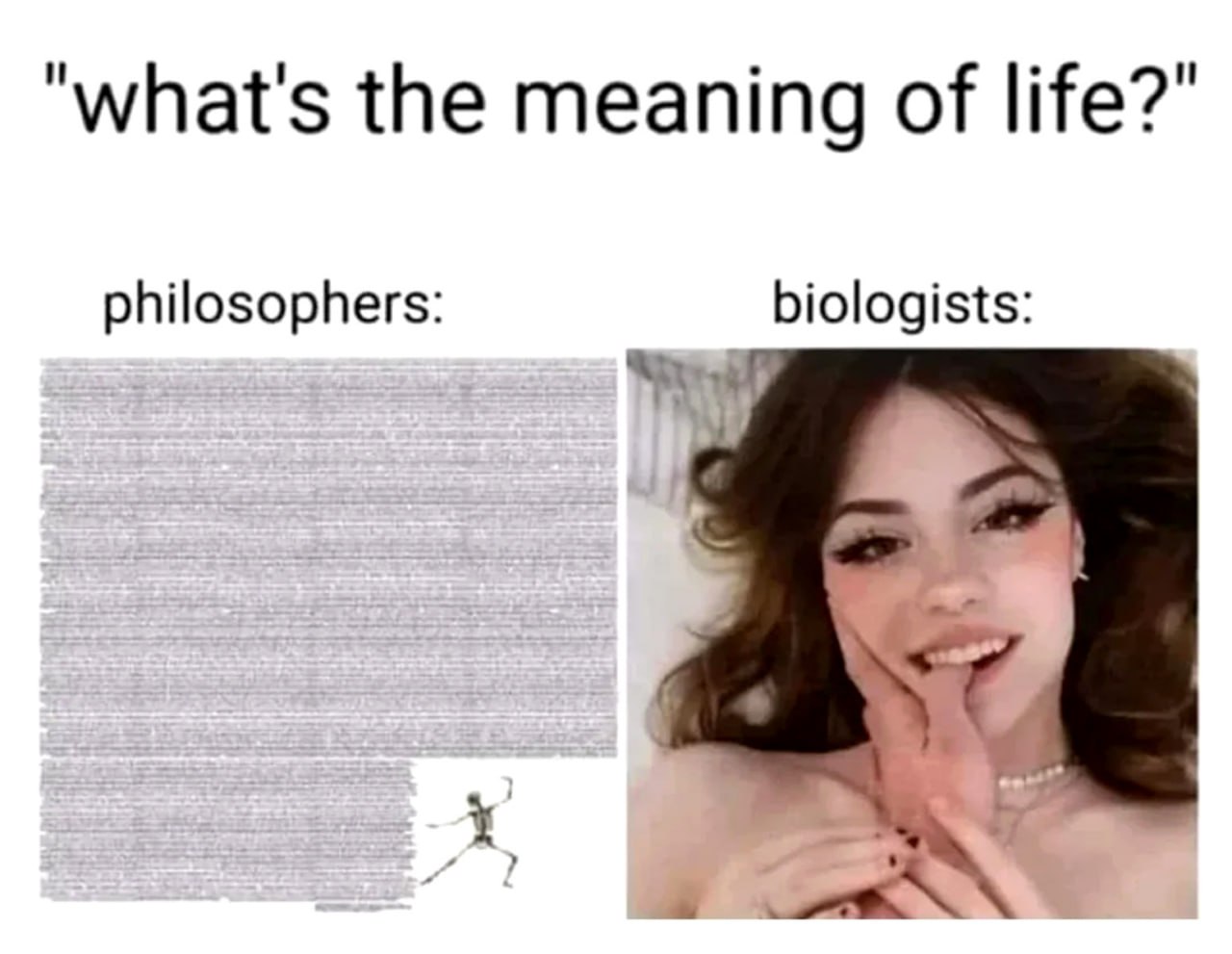 What's the meaning of life? Философы vs. Биологи Мем «В чем смысл жизни?» с философами, биологом и девушкой, сосущей палец ноги